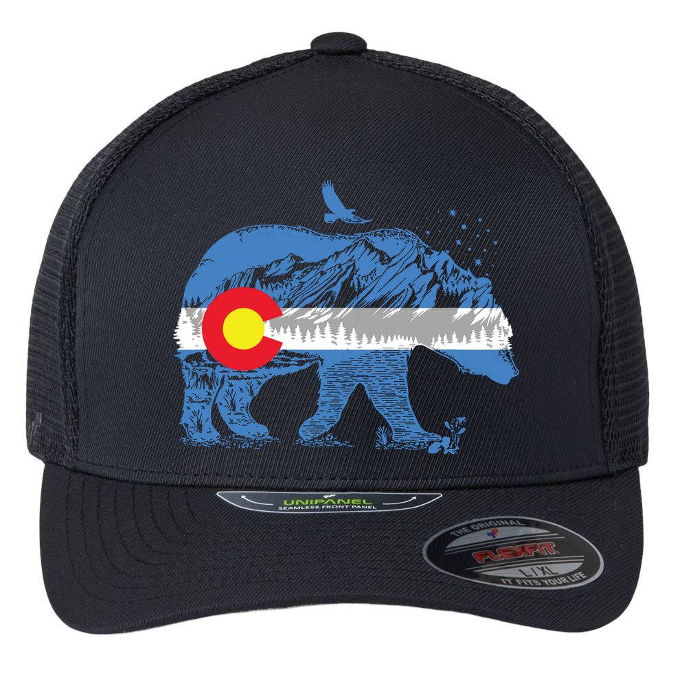 Colorado Flag Design Mountains And Bear Landscape Graphic Flexfit Unipanel Trucker Cap