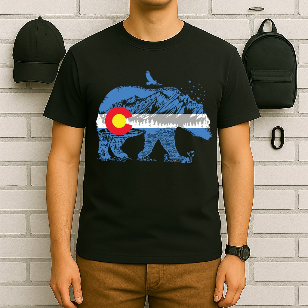 Colorado Flag Design Mountains And Bear Landscape Graphic T-Shirt