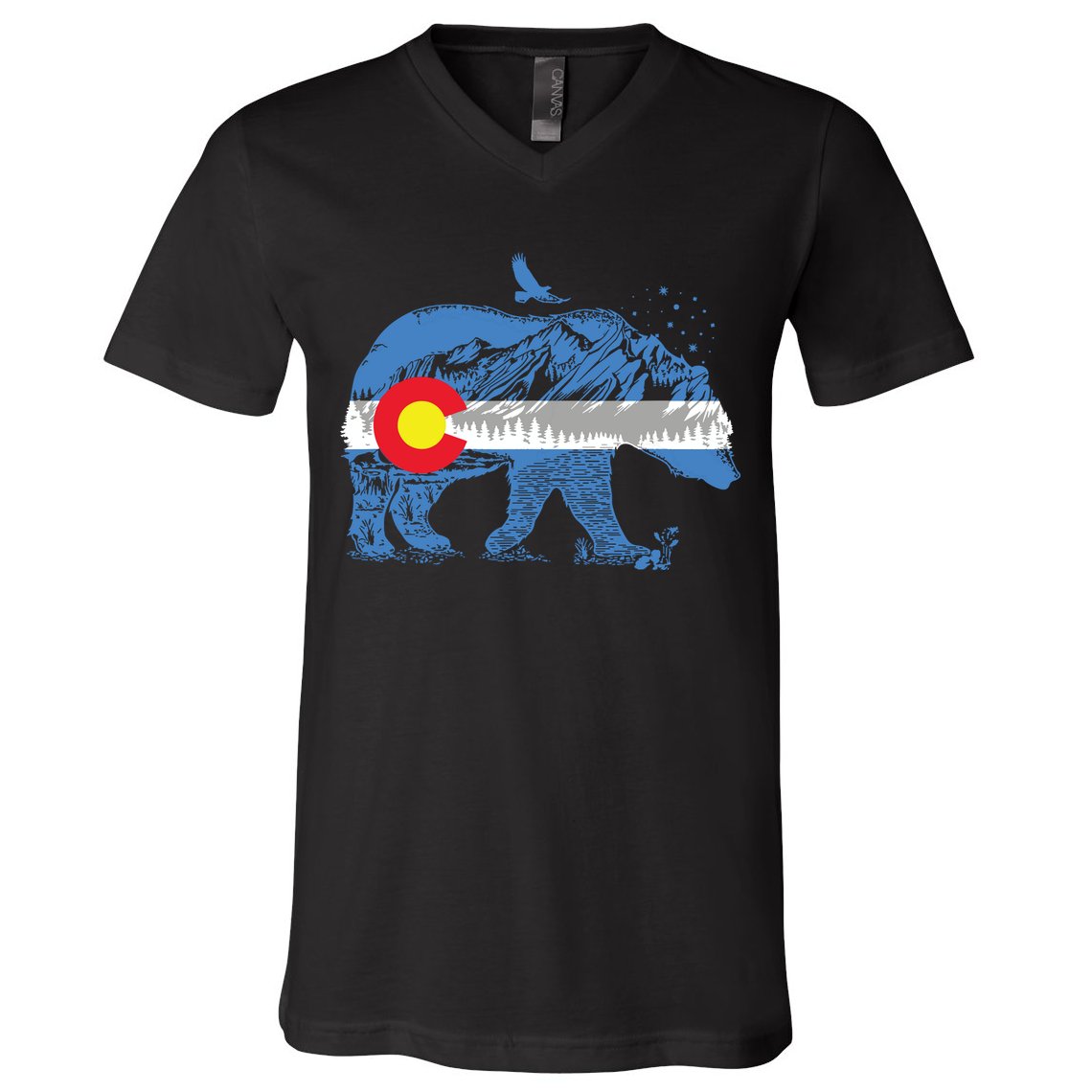 Colorado Flag Design Mountains And Bear Landscape Graphic V-Neck T-Shirt