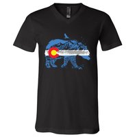 Colorado Flag Design Mountains And Bear Landscape Graphic V-Neck T-Shirt