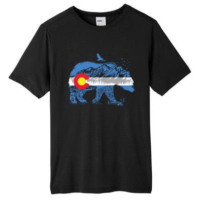 Colorado Flag Design Mountains And Bear Landscape Graphic Tall Fusion ChromaSoft Performance T-Shirt