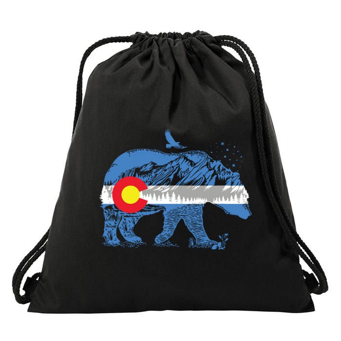 Colorado Flag Design Mountains And Bear Landscape Graphic Drawstring Bag