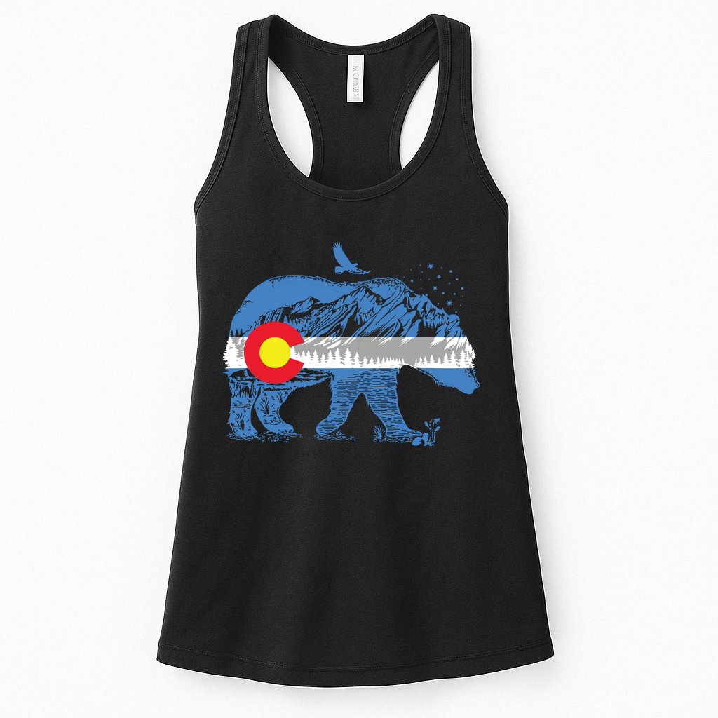 Colorado Flag Design Mountains And Bear Landscape Graphic Womens Tank Top