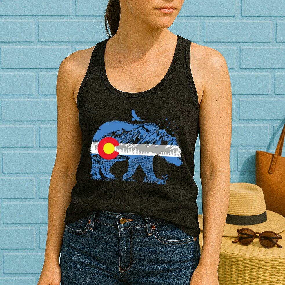 Colorado Flag Design Mountains And Bear Landscape Graphic Womens Tank Top