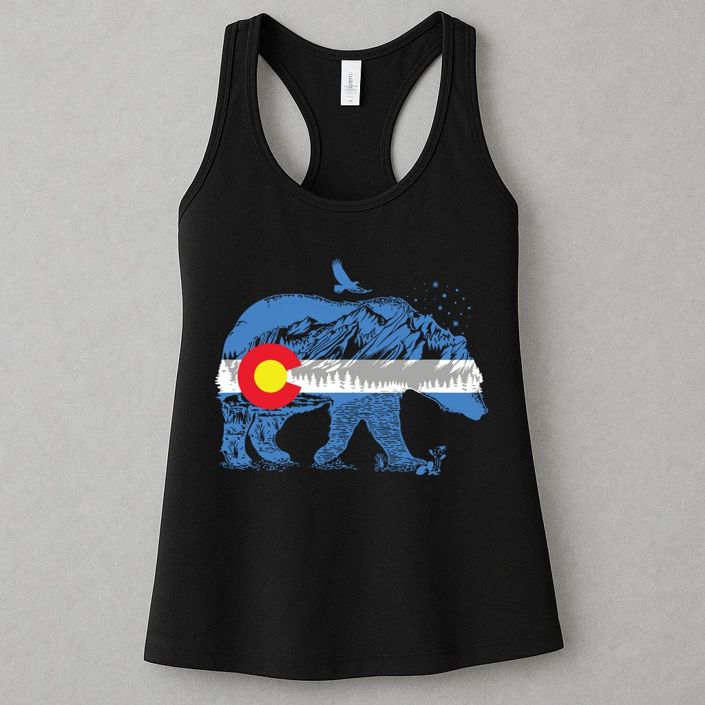 Colorado Flag Design Mountains And Bear Landscape Graphic Womens Tank Top