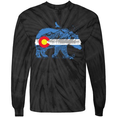 Colorado Flag Design Mountains And Bear Landscape Graphic Tie-Dye Long Sleeve Shirt