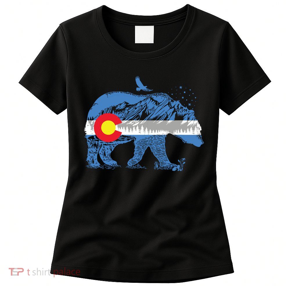 Colorado Flag Design Mountains And Bear Landscape Graphic Womens T-Shirt