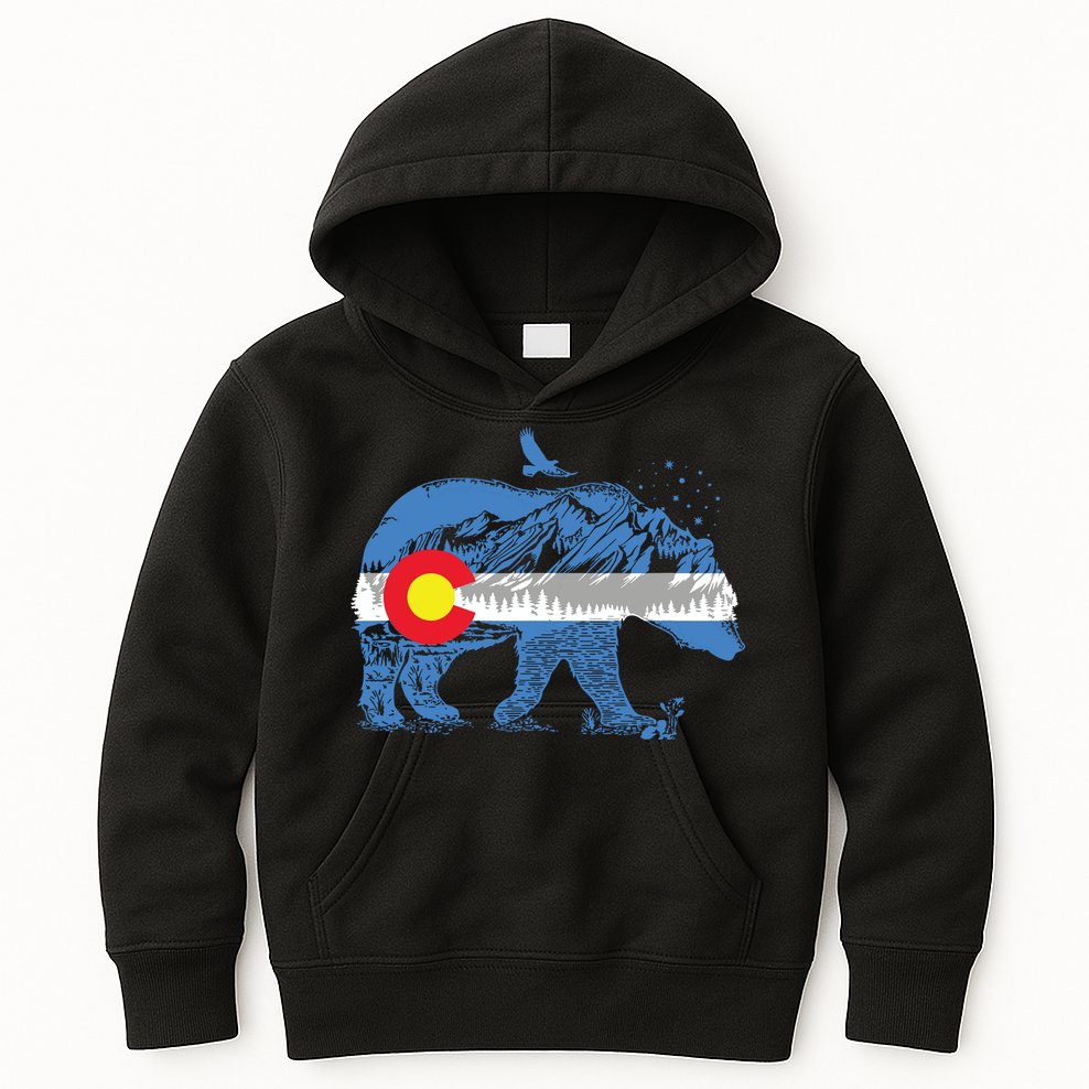 Colorado Flag Design Mountains And Bear Landscape Graphic Kids Hoodie