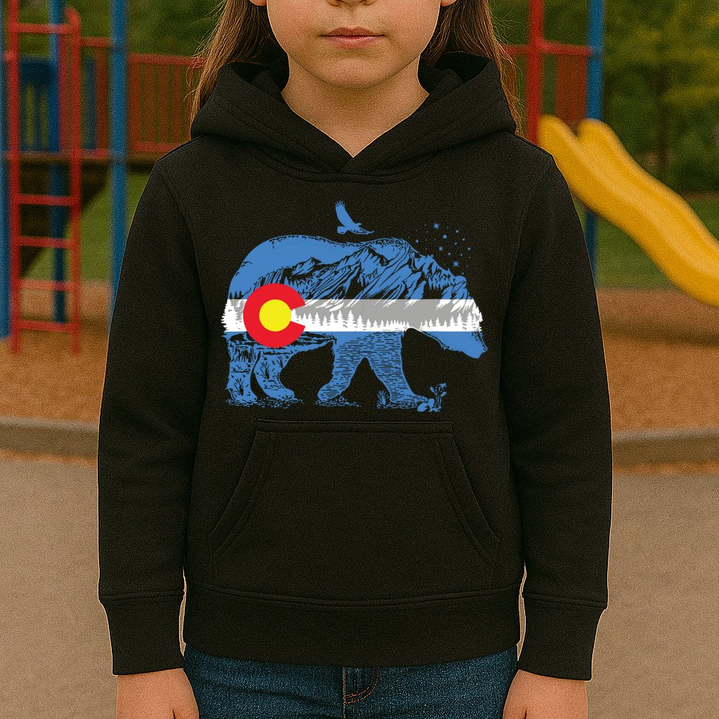 Colorado Flag Design Mountains And Bear Landscape Graphic Kids Hoodie