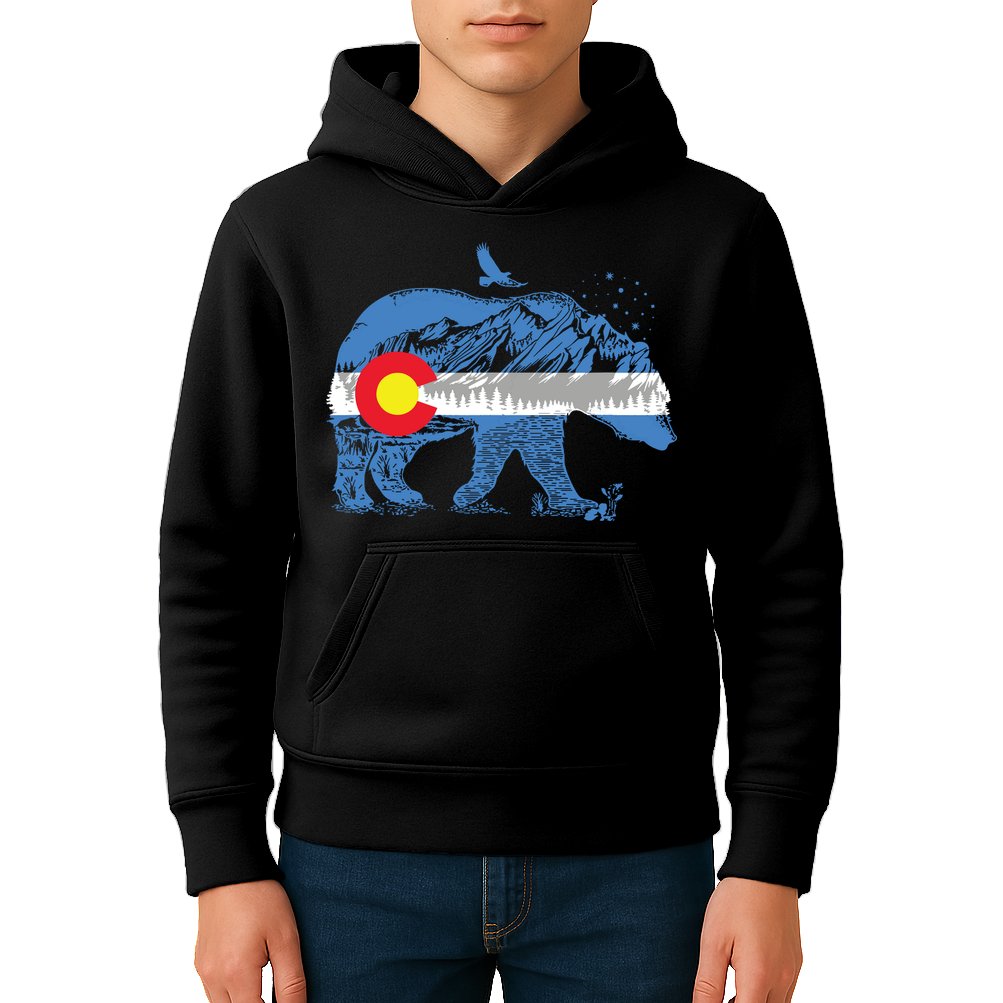 Colorado Flag Design Mountains And Bear Landscape Graphic Kids Hoodie