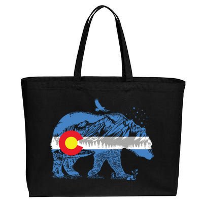 Colorado Flag Design Mountains And Bear Landscape Graphic Cotton Canvas Jumbo Tote