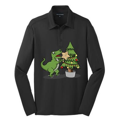 Cute Funny Dinosaur T Rex Tyrannosaurus Christmas Silk Touch Performance Long Sleeve Polo