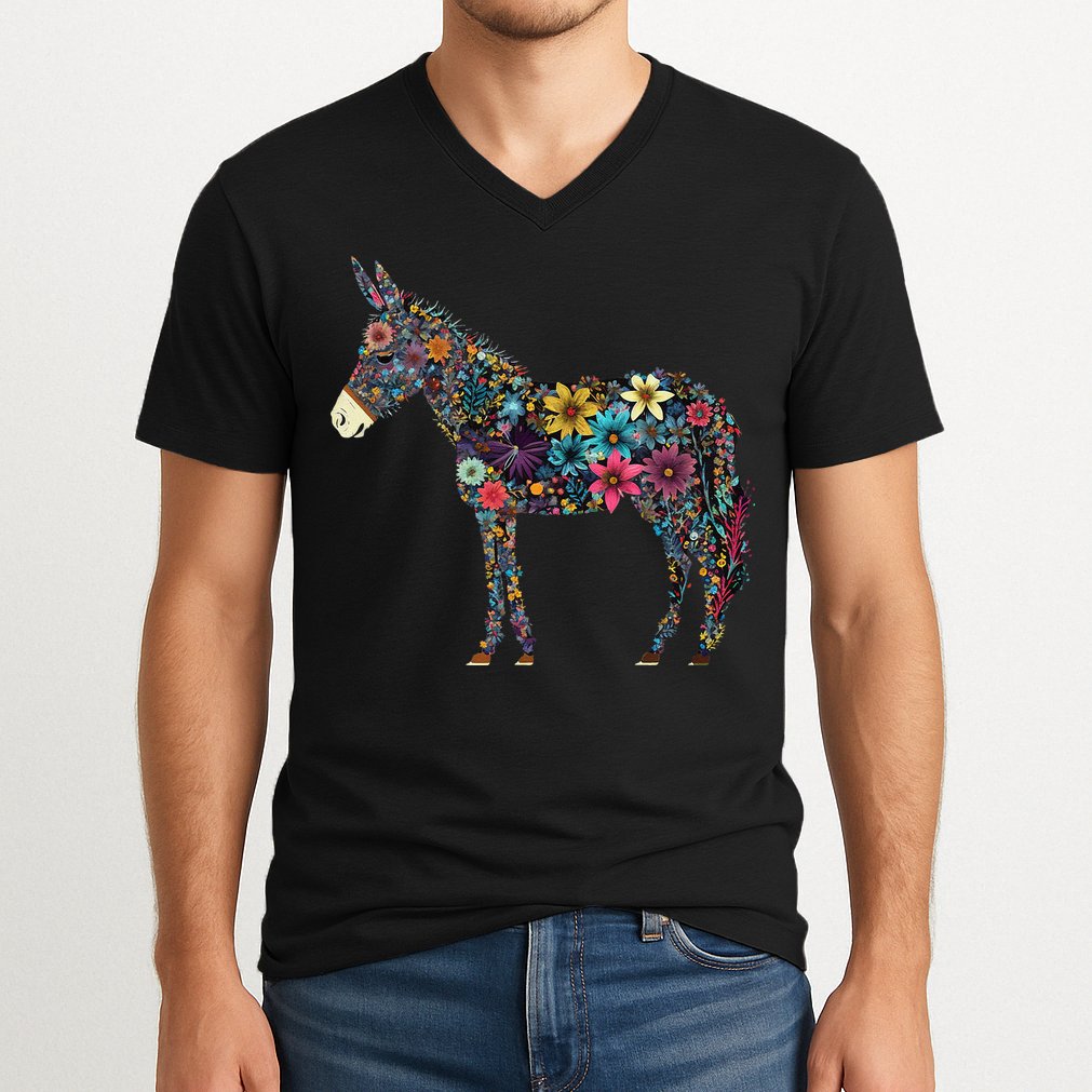 Cute Flower Donkey On Summer Floral Donkey V-Neck T-Shirt