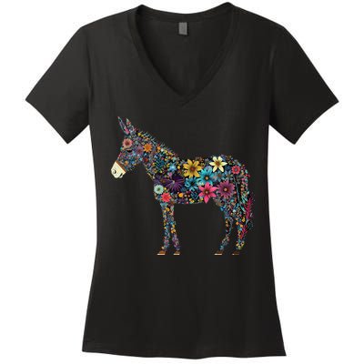 Cute Flower Donkey On Summer Floral Donkey Women's V-Neck T-Shirt