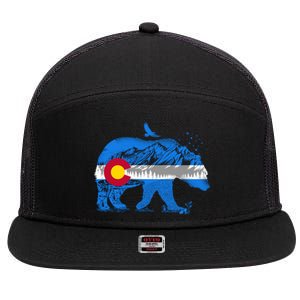 Colorado Flag Design Mountains And Bear Landscape Graphic Gift 7 Panel Mesh Trucker Snapback Hat