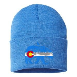 Colorado Flag Design Mountains And Bear Landscape Graphic Gift Sustainable Knit Beanie