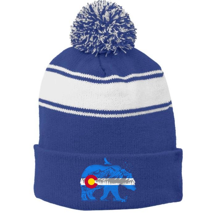 Colorado Flag Design Mountains And Bear Landscape Graphic Gift Stripe Pom Pom Beanie