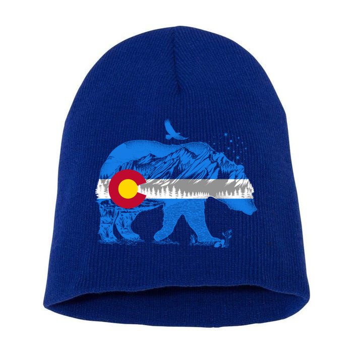 Colorado Flag Design Mountains And Bear Landscape Graphic Gift Short Acrylic Beanie