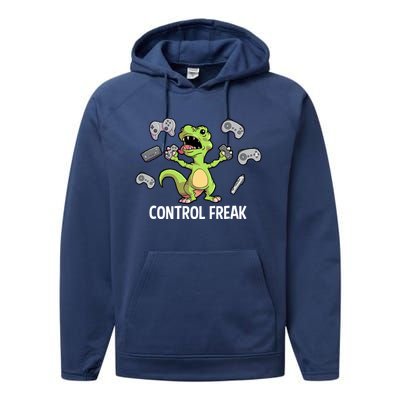 Control Freak Dinosaur T Rex Funny Video Gamer Game Lovers Gift Performance Fleece Hoodie