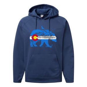 Colorado Flag Design Mountains And Bear Landscape Graphic Gift Performance Fleece Hoodie