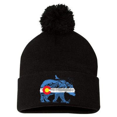 Colorado Flag Design Mountains And Bear Landscape Graphic Pom Pom 12in Knit Beanie