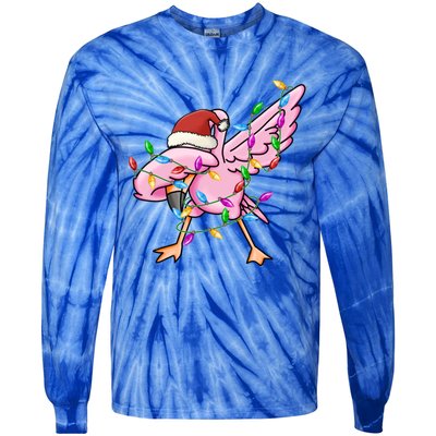 Cute Flamingo Dabbing Christmas Lights Xmas Santa Hat Gift Tie-Dye Long Sleeve Shirt