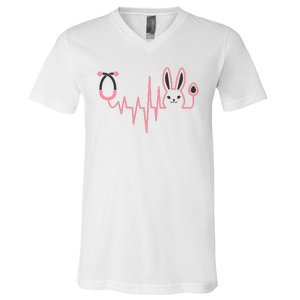 Cute Funny Easter Bunny Heart Beat Stethoscope V-Neck T-Shirt