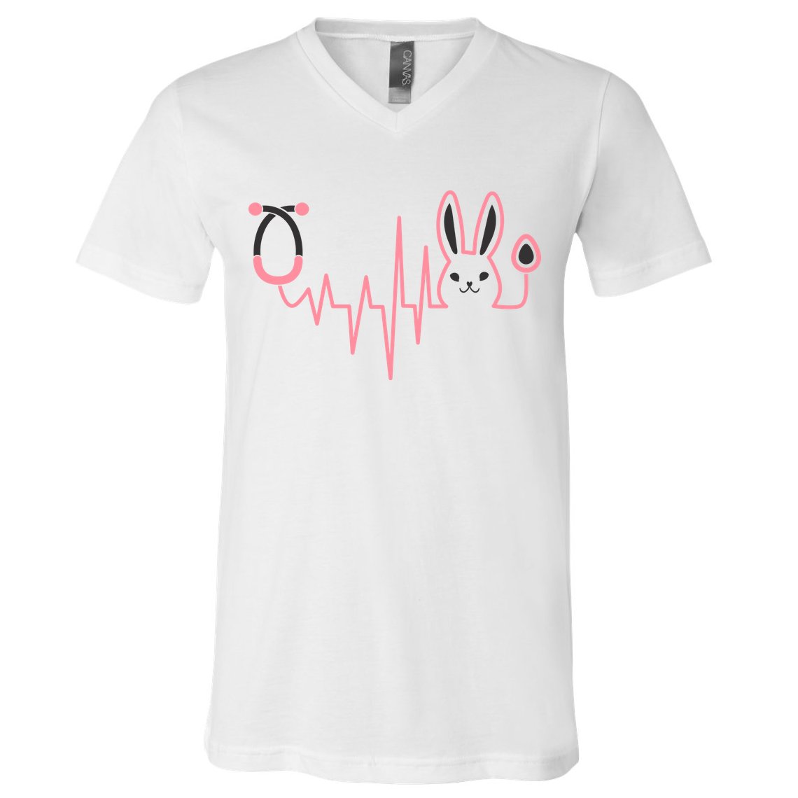 Cute Funny Easter Bunny Heart Beat Stethoscope V-Neck T-Shirt