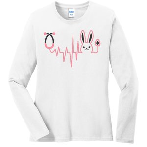 Cute Funny Easter Bunny Heart Beat Stethoscope Ladies Long Sleeve Shirt