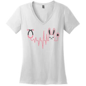 Cute Funny Easter Bunny Heart Beat Stethoscope Women's V-Neck T-Shirt