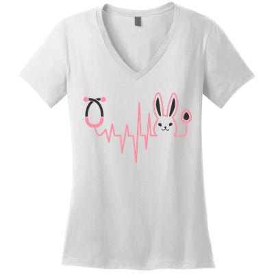 Cute Funny Easter Bunny Heart Beat Stethoscope Women's V-Neck T-Shirt