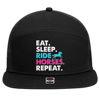 Cute Funny Eat Sleep Ride Horses Repeat 7 Panel Mesh Trucker Snapback Hat