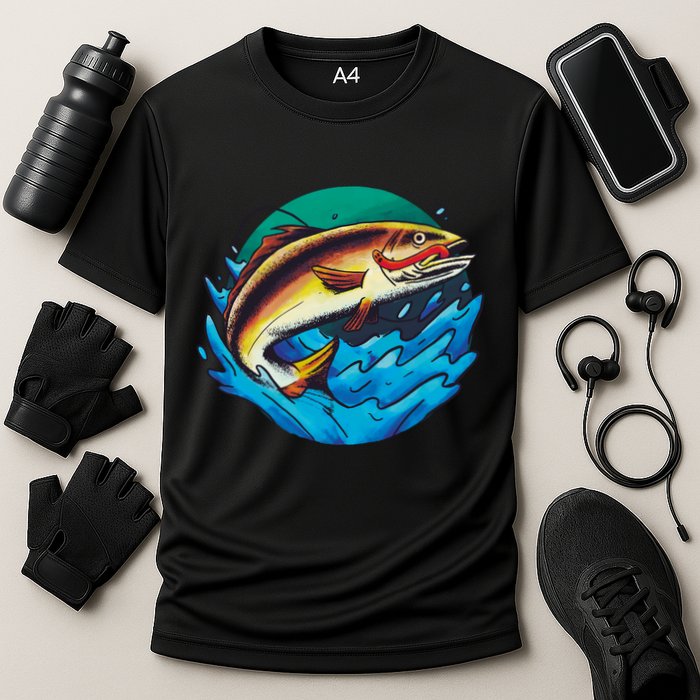 Catch Fish Eating Worm Funny Fishing Cooling Performance Crew T-Shirt
