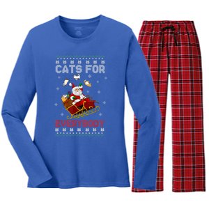 Cats For Everybody Funny Santa Claus Christmas Cat Catmas Meaningful Gift Women's Long Sleeve Flannel Pajama Set 