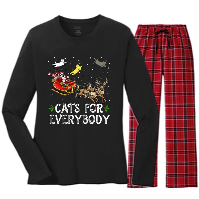 Cats For Everybody Christmas Cat Funny Xmas Santa  Women's Long Sleeve Flannel Pajama Set 