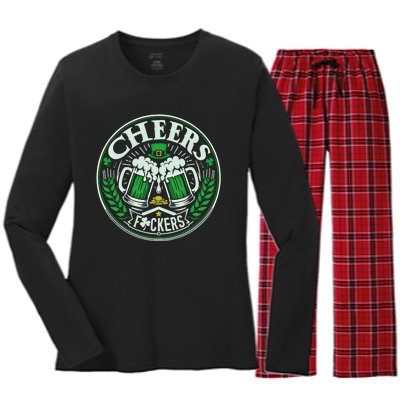 Cheers Fckers Funny St Patricks Day Drinking Party Funny Gift Women's Long Sleeve Flannel Pajama Set 