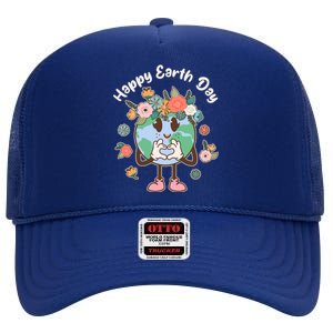 Cute Flower Floral Happy Earth Day High Crown Mesh Back Trucker Hat