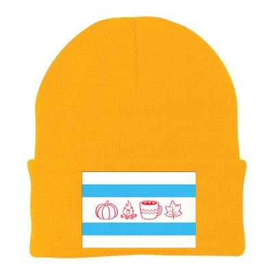 Chicago Flag Fall Autumn Pumpkin Bonfire Cocoa Leaves Knit Cap Winter Beanie