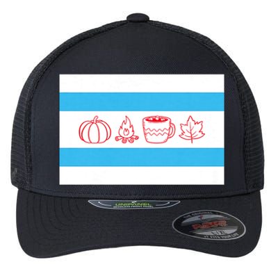 Chicago Flag Fall Autumn Pumpkin Bonfire Cocoa Leaves Flexfit Unipanel Trucker Cap