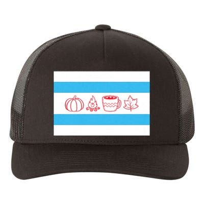 Chicago Flag Fall Autumn Pumpkin Bonfire Cocoa Leaves Yupoong Adult 5-Panel Trucker Hat