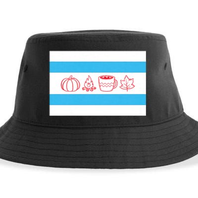 Chicago Flag Fall Autumn Pumpkin Bonfire Cocoa Leaves Sustainable Bucket Hat