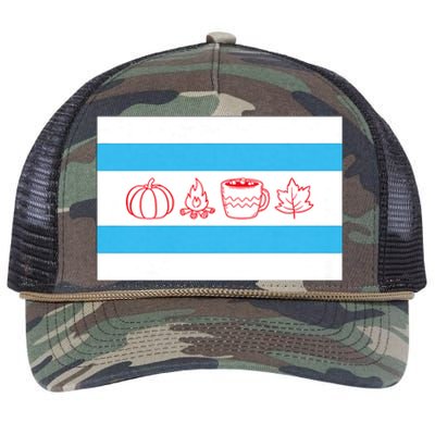 Chicago Flag Fall Autumn Pumpkin Bonfire Cocoa Leaves Retro Rope Trucker Hat Cap