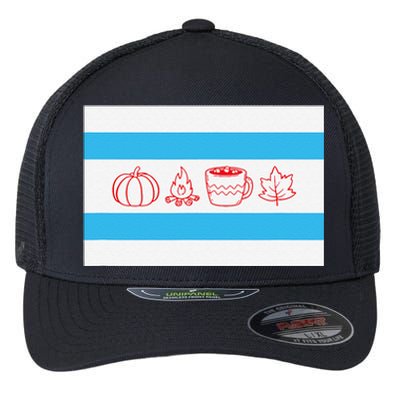 Chicago Flag Fall Autumn Pumpkin Bonfire Cocoa Leaves Flexfit Unipanel Trucker Cap