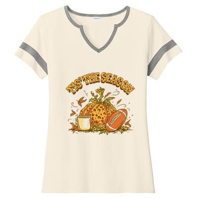 Cozy Fall Football Lovers Pumpkin Spice Thanksgiving Ladies Halftime Notch Neck Tee