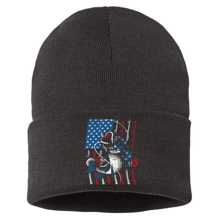 Cool Fishing For American Flag USA Fish Lover Sustainable Knit Beanie