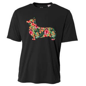 Corgi Flower Funny Dog Silhouette Floral Gifts Cooling Performance Crew T-Shirt