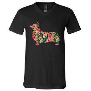 Corgi Flower Funny Dog Silhouette Floral Gifts V-Neck T-Shirt