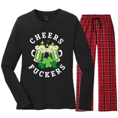 Cheers Fuckers Funny St Patricks Day Irish Drinking Women's Long Sleeve Flannel Pajama Set 