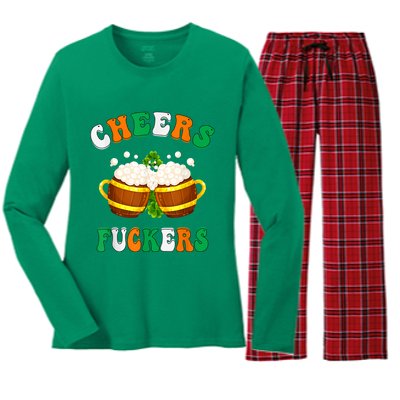 Cheers Fuckers Funny St Patricks Day Irish Drinking Women's Long Sleeve Flannel Pajama Set 