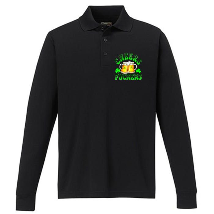 Cheers Fuckers Funny St Patricks Day Irish Drinking Performance Long Sleeve Polo